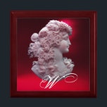 ANTIQUE CAMEO,LADY WITH GRAPES MONOGRAM KEEPSAKE BOX<br><div class="desc">Elegant ancient cammeo jewel with a beautiful woman profile with long hair ornamented with grapes and grapevines for vineyard harvest with red ruby gem stone.Part from " Season's Fruits ".This classy design is perfect for nutritionists, dieticians, caterers,  food service, preparation or restaurant , catering , wine industries.</div>