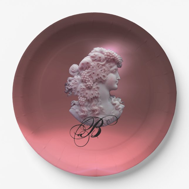 ANTIQUE CAMEO,LADY WITH GRAPES MONOGRAM  PAPER PLATES (Front)