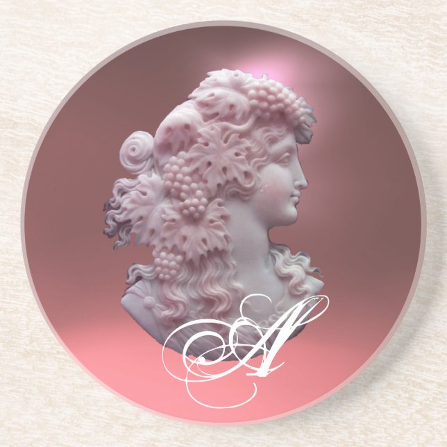 ANTIQUE CAMEO,LADY WITH GRAPES MONOGRAM SANDSTONE COASTER (Front)