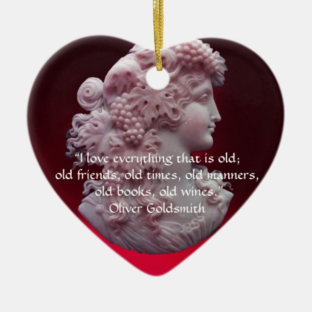 ANTIQUE CAMEO, LADY WITH GRAPES WINE QUOTES Heart Ceramic Ornament (Front)