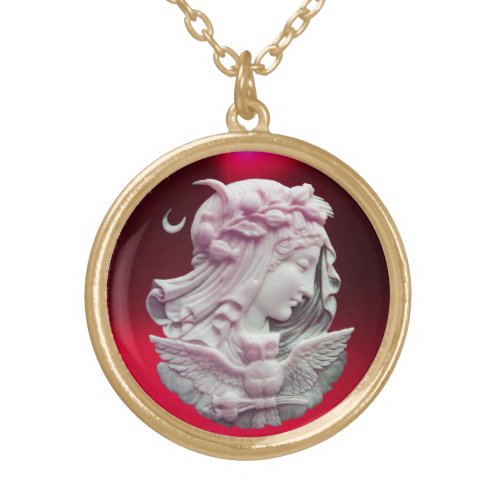 ANTIQUE CAMEO MOON LADY OF NIGHT WITH OWL GOLD PLATED NECKLACE