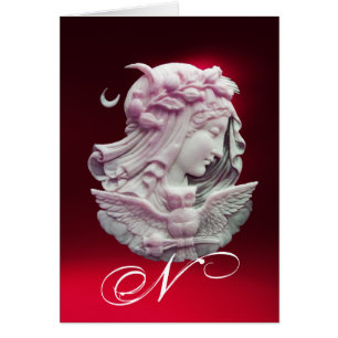 ANTIQUE CAMEO,MOON LADY OF NIGHT WITH OWL MONOGRAM CARDS