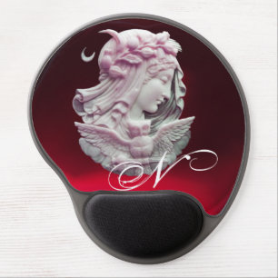 ANTIQUE CAMEO,MOON LADY OF NIGHT WITH OWL MONOGRAM GEL MOUSE PAD