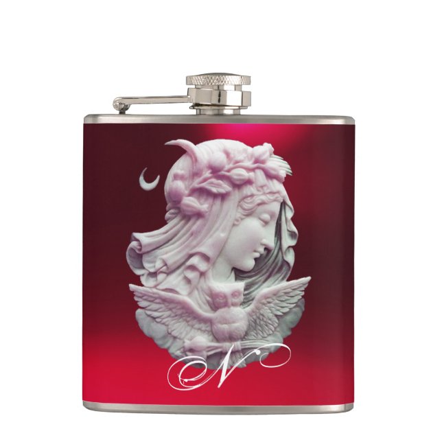 ANTIQUE CAMEO,MOON LADY OF NIGHT WITH OWL MONOGRAM HIP FLASK (Front)