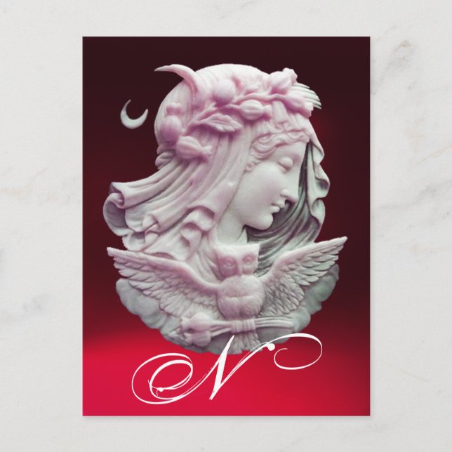 ANTIQUE CAMEO,MOON LADY OF NIGHT WITH OWL MONOGRAM HOLIDAY POSTCARD (Front)