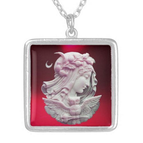 ANTIQUE CAMEO MOON LADY OF NIGHT WITH OWL SILVER PLATED NECKLACE