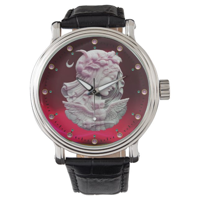 ANTIQUE CAMEO,MOON LADY OF NIGHT WITH OWL WATCH (Front)