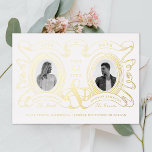 Antique Cameo Photo Save the Date Gold Foil Invitation<br><div class="desc">Real foil is here! Original illustration of antique inspired cameos of the couple looking at eachother with ribbons flowing for special details.  Choose gold foil,  silver foil,  rose foil as desired for the graphic and front text. Add text or photos to the back side and edit backer color.</div>
