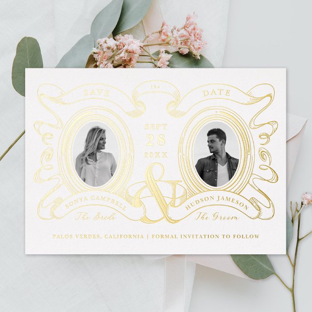 Antique Cameo Photo Save the Date Gold Foil Invitation (Creator Uploaded)