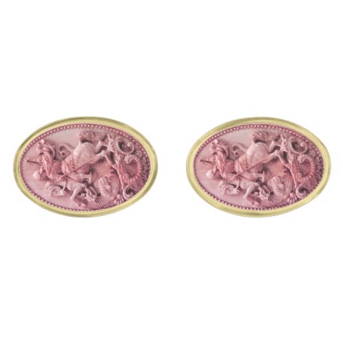ANTIQUE CAMEO  SAINT GEORGE AND DRAGON GOLD CUFFLINKS