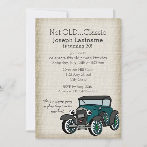 Antique Car and Burlap Vintage Birthday Invitation