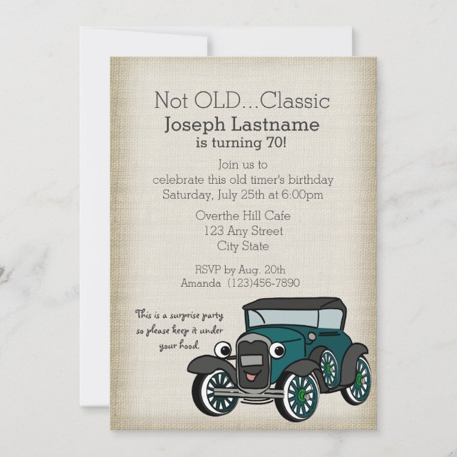 Antique Car and Burlap Vintage Birthday Invitation (Front)