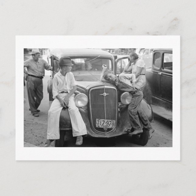 Antique Car, Great Depression Family, 1930s Postcard (Front)