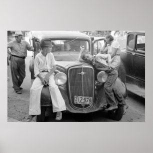 Antique Car, Great Depression Family, 1930s Poster
