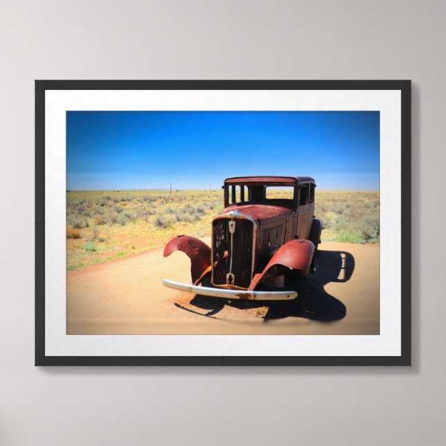 Antique Car on Route 66 near Holbrook, Arizona Framed Art (Framed Front)