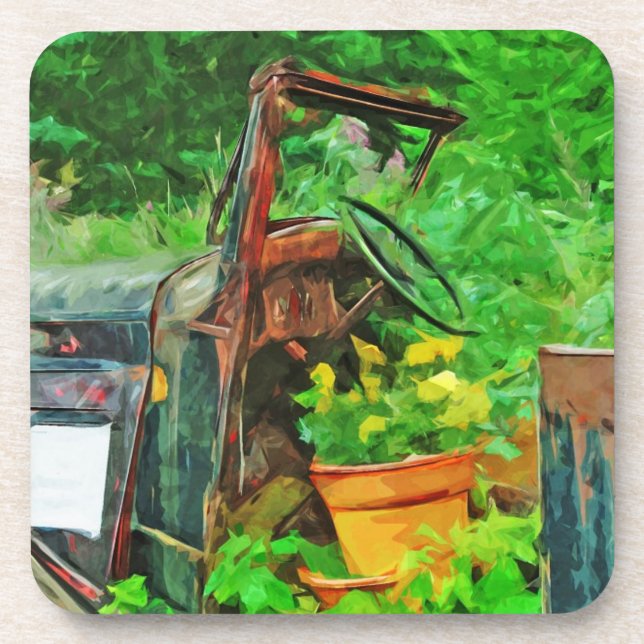 Antique Car Planter Abstract Impressionism Beverage Coaster (Front)
