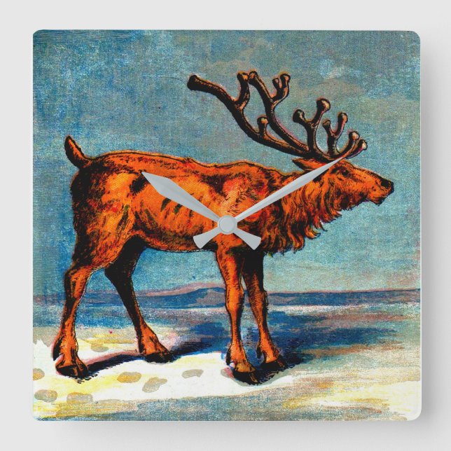 antique caribou print square wall clock (Front)