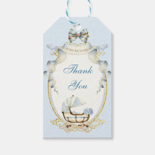 Antique Carriage Blue Gold Roses Gingham Gift Tags