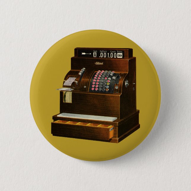 Antique Cash Register, Vintage Retail Business Pinback Button (Front)