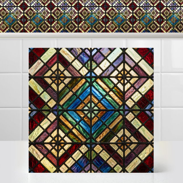 Antique Cathedral Diamond Pattern Stained Glass Ceramic Tile (Burgundy, blue, green, and purple Antique Cathedral Diamond Pattern Stained Glass Ceramic Tile)