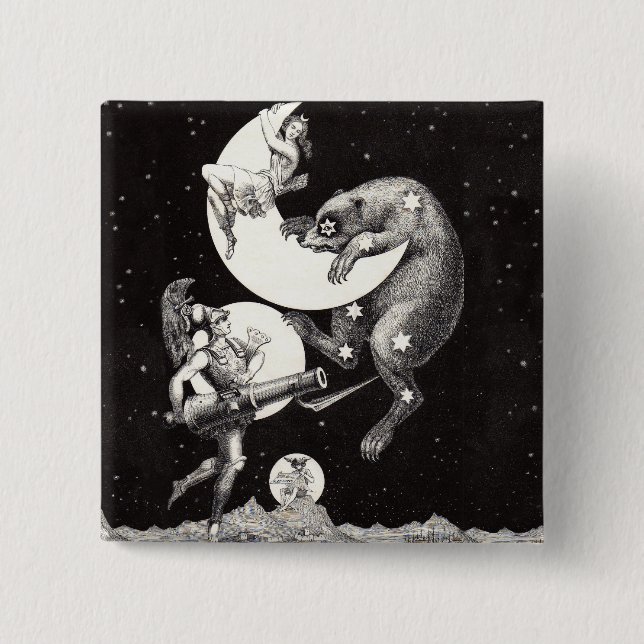 Antique Celestial Moon Goddess & Ursa Major Bear Pinback Button (Front)