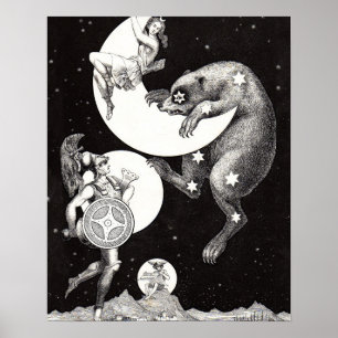 Antique Celestial Moon Goddess & Ursa Major Bear Poster