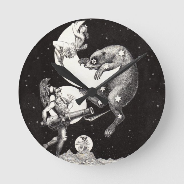 Antique Celestial Moon Goddess & Ursa Major Bear Round Clock (Front)