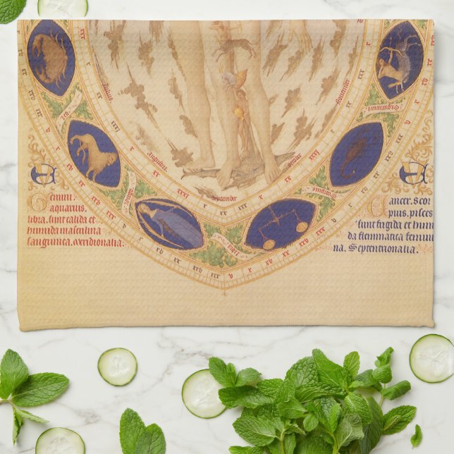 Antique Celestial Zodiac Chart, Vintage Astrology Kitchen Towel (Folded)