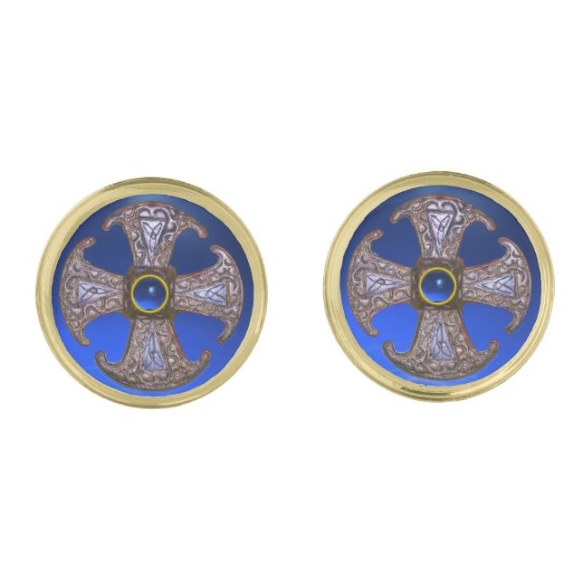 ANTIQUE CELTIC CONSECRATION CROSS Blue Gemstones Cufflinks (Front)
