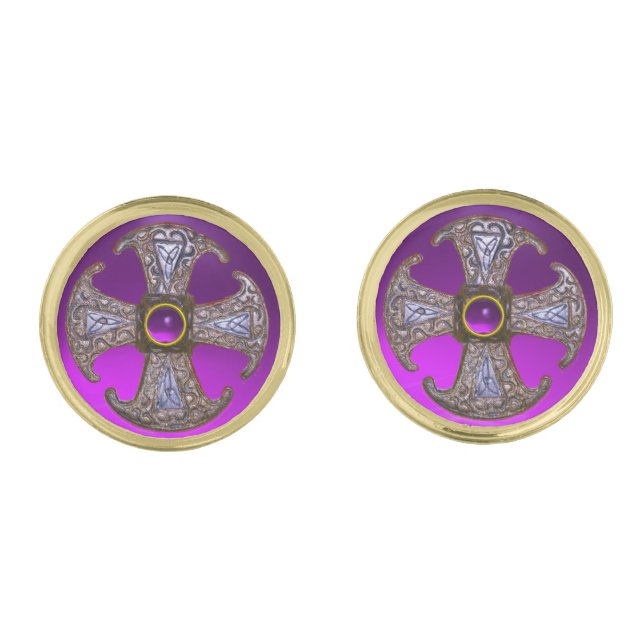 ANTIQUE CELTIC CONSECRATION CROSS Purple Gemstones Cufflinks (Front)