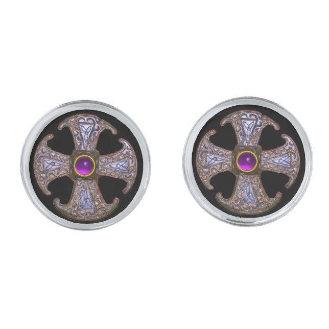 ANTIQUE CELTIC CONSECRATION CROSS Purple Gemstones Cufflinks (Front)