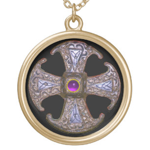 ANTIQUE CELTIC CONSECRATION CROSS Purple Gemstones Gold Plated Necklace