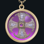 ANTIQUE CELTIC CONSECRATION CROSS Purple Gemstones Gold Plated Necklace<br><div class="desc">Antique consecration cross from Canterbury C.850 . As a form “consecration cross” refers to a cross of equal arms wither rounded or inscribed in a circle.Digital graphics with 3D gem stones  by Bulgan Lumini /(c)</div>