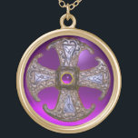 ANTIQUE CELTIC CONSECRATION CROSS Purple Gemstones Gold Plated Necklace<br><div class="desc">Antique consecration cross from Canterbury C.850 . As a form “consecration cross” refers to a cross of equal arms wither rounded or inscribed in a circle.Digital graphics with 3D gem stones  by Bulgan Lumini /(c)</div>