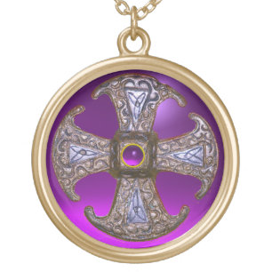 ANTIQUE CELTIC CONSECRATION CROSS Purple Gemstones Gold Plated Necklace
