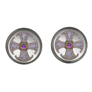 ANTIQUE CELTIC CONSECRATION CROSS Purple Gemstones Gunmetal Finish Cufflinks