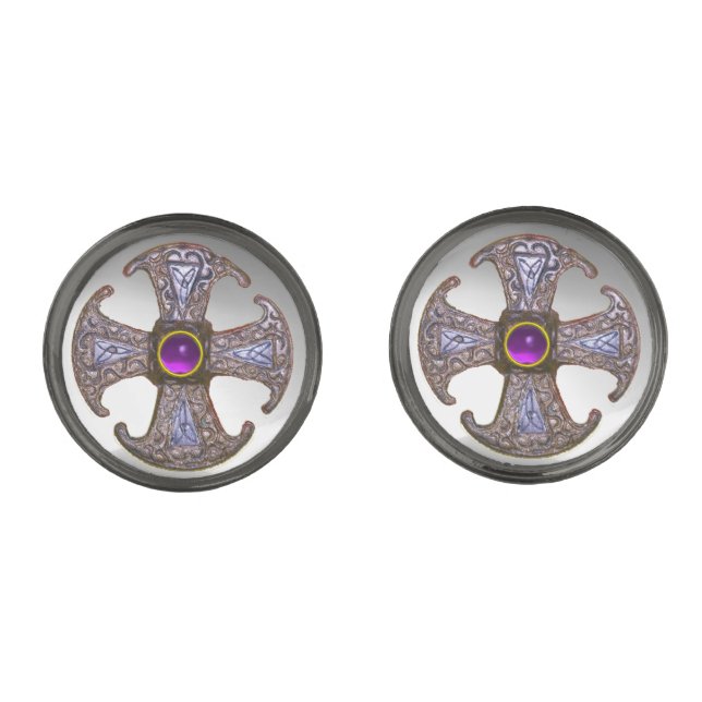 ANTIQUE CELTIC CONSECRATION CROSS Purple Gemstones Gunmetal Finish Cufflinks (Front)