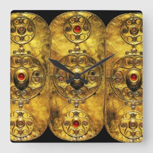 ANTIQUE CELTIC WARRIOR SHIELD WITH RUBY GEMSTONES SQUARE WALL CLOCK