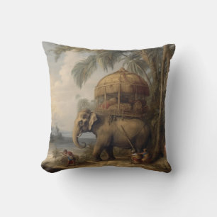 Antique Ceremonial Elephant and Golden Howdah Throw Pillow