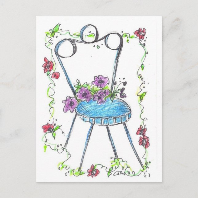 Antique Chair Flowers Drawing Postcard (Front)