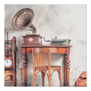 Antique chair, old typewriter, retro radio, gramop faux canvas print
