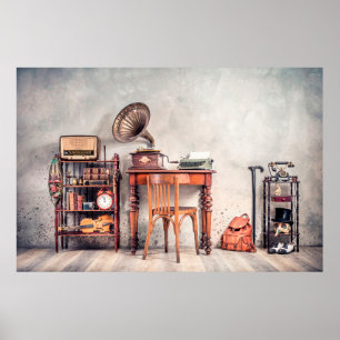Antique chair, old typewriter, retro radio, gramop poster