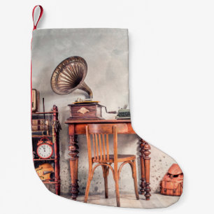 Antique chair, old typewriter, retro radio, gramop small christmas stocking