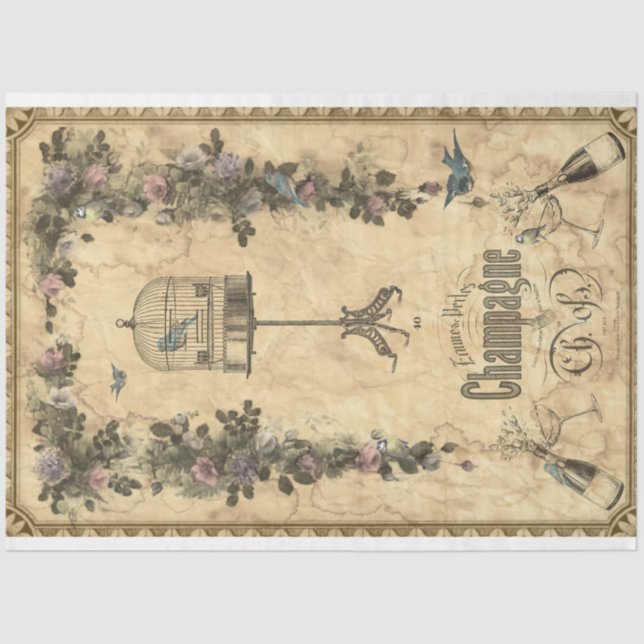 Antique Champagne Ad Bids & Florals Decoupage Tissue Paper (Front)