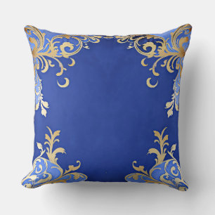 Antique Champagne Gold Filigree Royal Blue Throw Pillow