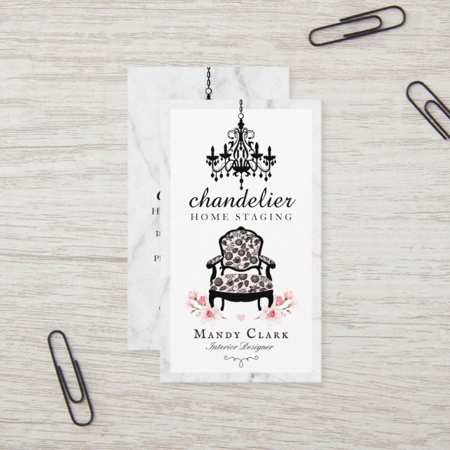 Antique Chandelier & Floral Victorian Chair Marble Business Card (Front/Back In Situ)