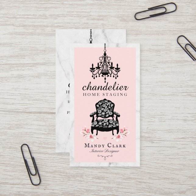 Antique Chandelier & Floral Victorian Chair Marble Business Card (Front/Back In Situ)