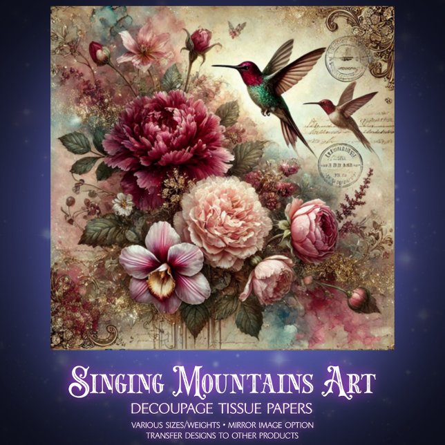 Antique Charm Hummingbirds and Flowers Decoupage  Tissue Paper (Creator Uploaded)