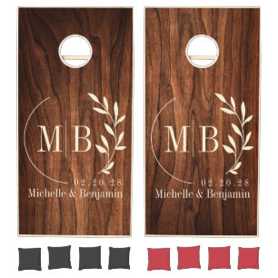 Antique Cherry Wood Leaf Wedding Monogram Cornhole Set