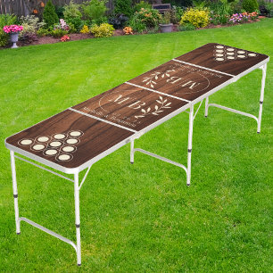 Antique Cherry Wood Modern Leaf Wedding MonogramCR Beer Pong Table